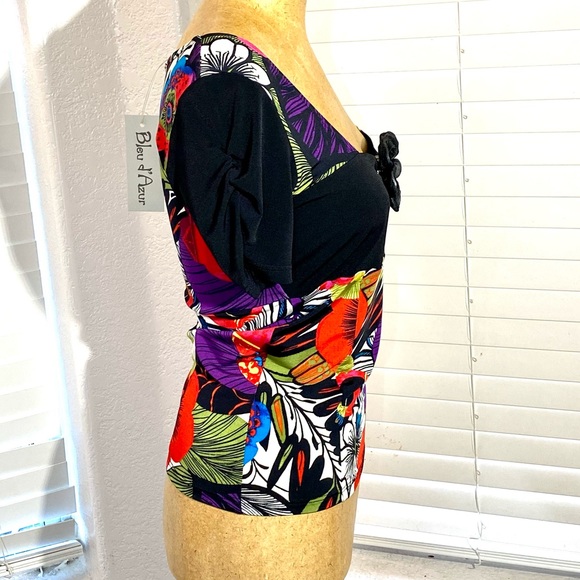 BLUE D’AZUR France top blouse black red stretchy - Picture 14 of 15